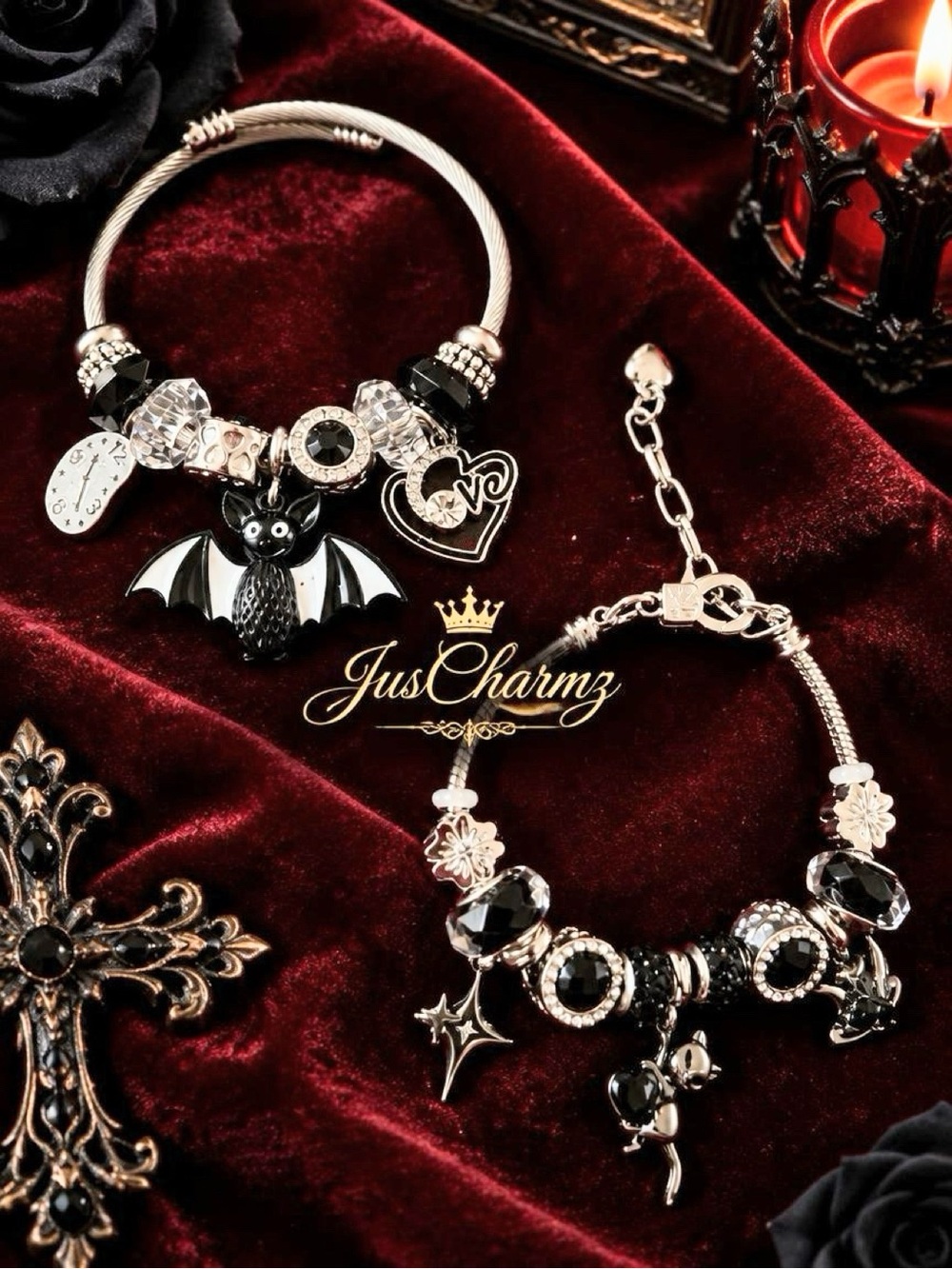 Silver Gothic Bat Charm Bracelet Set | Whimsigoth & Dark Academia Duo